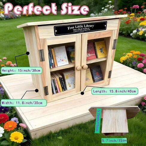 Little Library Box Outdoor Set with Stand and Nameplate,Natural Wood Finish,Weather Resistant Little Free Library for Community Sharing in Kuwait