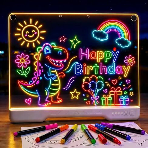 14" x 10" LED Light Up Drawing Board for Kids, 7 Colors Rechargeable Glow Doodle Board, Adjustable Brightness Neon Writing Tablet, Magic Night Light Decor, Birthday Gift for Boys Girls in Kuwait