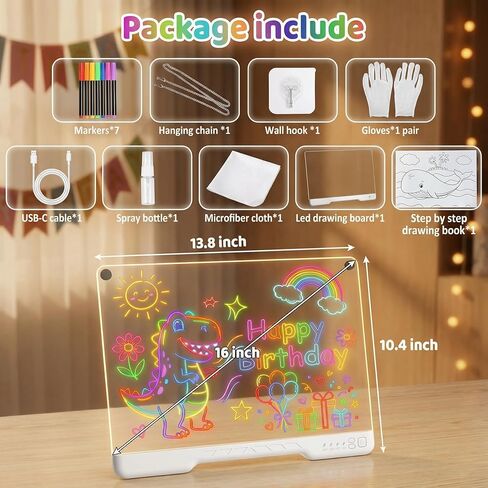 14" x 10" LED Light Up Drawing Board for Kids, 7 Colors Rechargeable Glow Doodle Board, Adjustable Brightness Neon Writing Tablet, Magic Night Light Decor, Birthday Gift for Boys Girls in Kuwait