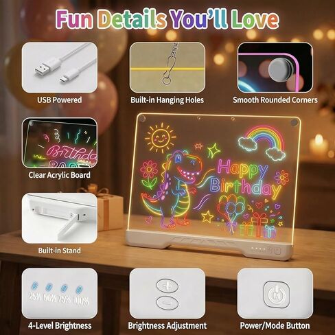 14" x 10" LED Light Up Drawing Board for Kids, 7 Colors Rechargeable Glow Doodle Board, Adjustable Brightness Neon Writing Tablet, Magic Night Light Decor, Birthday Gift for Boys Girls in Kuwait
