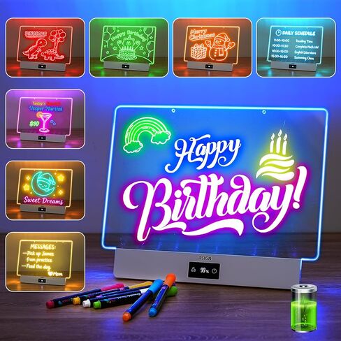 Rechargeable LED Drawing Board, 16.6 Inches Lumiboard, 8 Colors & 3 Modes, LED Note Board with Build in Stand, Includes 7 Markers & 1 Hanging Chain, Great Gift for Children-Easter Gifts in Kuwait