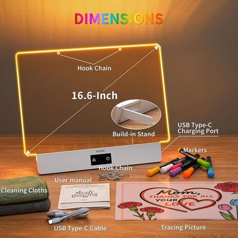 Rechargeable LED Drawing Board, 16.6 Inches Lumiboard, 8 Colors & 3 Modes, LED Note Board with Build in Stand, Includes 7 Markers & 1 Hanging Chain, Great Gift for Children-Easter Gifts in Kuwait