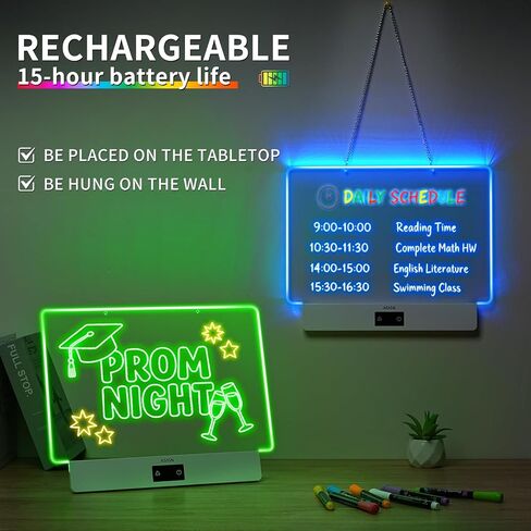 Rechargeable LED Drawing Board, 16.6 Inches Lumiboard, 8 Colors & 3 Modes, LED Note Board with Build in Stand, Includes 7 Markers & 1 Hanging Chain, Great Gift for Children-Easter Gifts in Kuwait