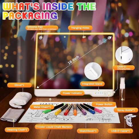 لوحة رسم LED مقاس 16 بوصة للأطفال، لوحة رسومات الشعار المبتكرة LED القابلة لإعادة الشحن مع 7 أوضاع إضاءة وحامل مدمج، لوحة ملاحظات LED، هدية فنية رائعة للأولاد والبنات in Kuwait
