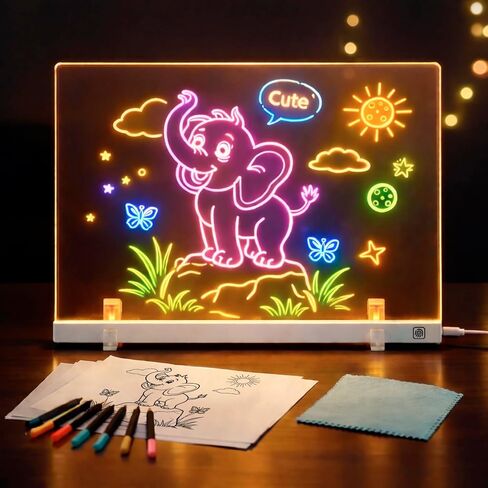 LED Drawing Board for Kids, Light Up Drawing Board with 8 Colors & 4 Modes, Reusable Acrylic Writing Doodle Board, Screen-Free Toy to Keep Kids Busy, Gift for Boys Girls Age 3-7 in Kuwait