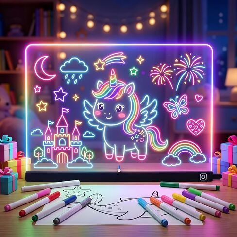 لوحة رسم LED للأطفال مقاس 16 بوصة، لوحة رسومات الشعار المبتكرة المضيئة مع 12 قلم تحديد، وكتاب تتبع وقطعة قماش للتنظيف، لعبة لوحة ملاحظات قابلة للمسح الجاف من الأكريليك USB-C، هدايا للفتيات والأولاد من سن 3 إلى 12 عامًا in Kuwait