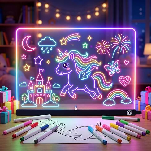لوحة رسم LED للأطفال مقاس 16 بوصة، لوحة رسومات الشعار المبتكرة المضيئة مع 12 قلم تحديد، وكتاب تتبع وقطعة قماش للتنظيف، لعبة لوحة ملاحظات قابلة للمسح الجاف من الأكريليك USB-C، هدايا للفتيات والأولاد من سن 3 إلى 12 عامًا in Kuwait