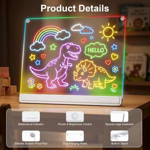 لوحة ملاحظات LED قابلة لإعادة الشحن مقاس 19.7 بوصة، أوضاع إضاءة بـ 6 ألوان، لوح رسم مضيء نيون، لوحة رسم قابلة للمسح الجاف مع حامل مدمج، لعبة هدية للأطفال/الفتيات/المراهقين، 7 كتاب تتبع علامات in Kuwait