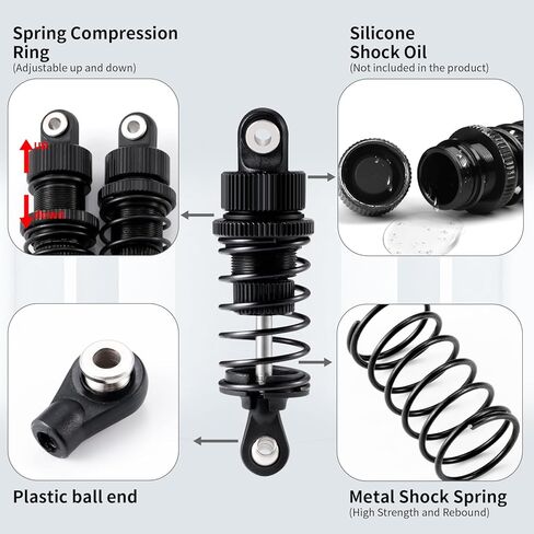 Aluminum 55mm Front & Rear Threaded Oil Filled Shock Absorber Damper Suspension Set Compatible with Tamiya TT02 1/10 RC On Road Touring Car Upgrade Parts (Black) in Kuwait