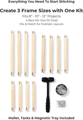Needlepoint Stretcher Bars Kit – 8", 10", 12" Wooden Frame Set for Needlepoint & Embroidery with Mallet, Magnetic Tray & Stainless Steel Tacks in Kuwait