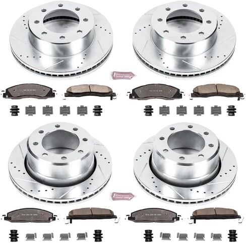 طقم فرامل أمامية وخلفية PowerStop لسيارة Dodge Ram 2500 2009-10 |Ram 3500 2009-12 |Ram 1500 2012 - وسادات فرامل سيراميك من ألياف الكربون للشاحنة والسحب + ترقية الدوارات المحفورة والمشقوقة، K5458-36 in Kuwait