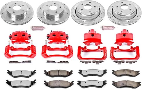 PowerStop Front and Rear Brake & Caliper Kit for Dodge Ram 1500 2003-05 - Drilled & Slotted Disc Rotors + Z36 Brake Pads + Red-Powder Coated Calipers, KC2168-36 in Kuwait