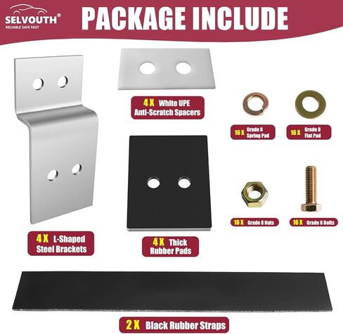 Cab Rack Side Mounting Kit - 4 L-Shaped Steel Brackets with 4-Hole Design, 2 Black Rubber Straps, 4 Thick Rubber Pads, 4 White UPE Anti-Scratch Spacers, Complete Set of Bolts, Nuts and Washers. in Kuwait