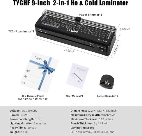 Laminator Machine with 30 Laminating Sheets (A4/A5/A6), 4-in-1 Thermal and Cold Lamination Machine with Built-in Paper Trimmer and Angle Scale, 2-Min Warm-up Laminator for Home Office Black in Kuwait