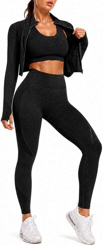 CORPOAMOR Women's 3 PC Seamless Gym Clothing Workout Outfit with Jacket Bra & Leggings Set in Saudi Arabia