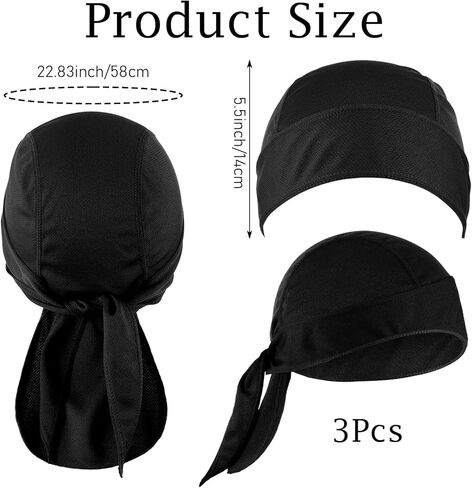 3 قطعة Do Rags فتل العرق قبعة التبريد قبعات الجمجمة دو خرقة كبيرة للرجال النساء خوذة بطانة دراجة نارية رئيس التفاف باندانا الأسود in Kuwait