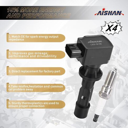 مجموعة من 4 ملفات إشعال وشمعات إشعال إيريديوم متوافقة مع مازدا 6 2006-2013، CX-7 2010-2012، لمازدا 3 2006 2007 2008 2009 2010 2011 2012 2013 L4 2.0L 2.3L 2.5L UF540 L3G218100B in Kuwait