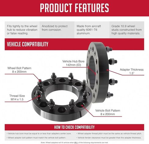 Wheel Accessories Parts 2 Pcs Wheel Spacers Adapters 8 on 200mm 8x200mm 1.50 Inch Thick 142mm Hub M14x1.5 14x1.5 Thread Stud Fits 2019+ Ram 3500 2003+ Ford F350 Dual Rear Wheels No Lip Front and Rear in Kuwait