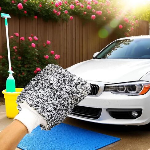 Ultra-Absorbent Car Wash Mitt, Plush Microfiber Coral Cleaning Glove, Black and White, Double-Sided, Drying Towel, Easy Control in Kuwait