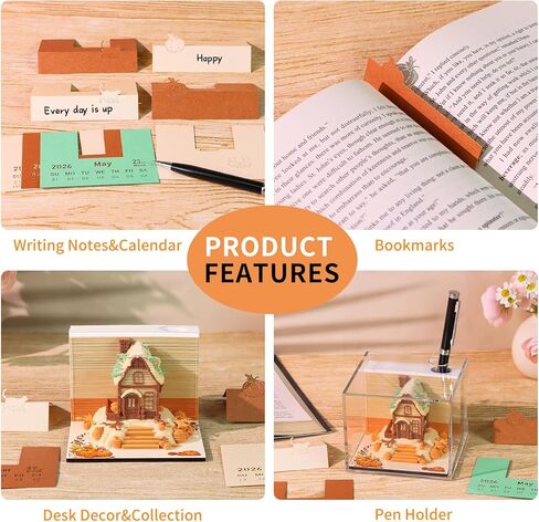 لوحة مذكرة ثلاثية الأبعاد، ورق ملاحظات فني لمنزل الخريف مع تقويم 2026، زخرفة سطح المكتب المنحوتة بنفسك، ديكور مكتبي إبداعي، هدية عيد ميلاد in Kuwait