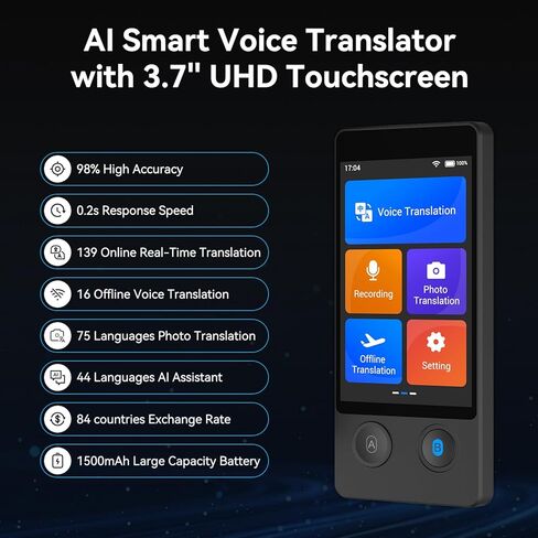 جهاز مترجم اللغة W12، مترجم الذكاء الاصطناعي المحدث لعام 2026 لا حاجة إلى شبكة WiFi، يدعم ChatGPT، أكثر من 140 لغة مترجم فوري ثنائي الاتجاه، ترجمة دون الاتصال بالإنترنت/الصور لسفر العمل in Kuwait