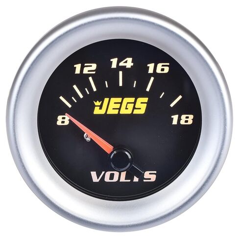 مقياس الفولتميتر JEGS | 2-1/16 بوصة القطر | كهربائية | 8-18 فولت | وجه اسود | تتضمن حواف من الكروم والفضي والأسود | صنع في الولايات المتحدة الأمريكية in Kuwait