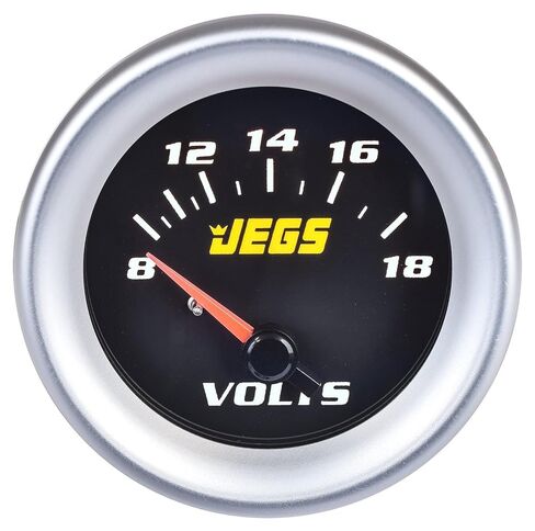 مقياس الفولتميتر JEGS | 2-1/16 بوصة القطر | كهربائية | 8-18 فولت | وجه اسود | تتضمن حواف من الكروم والفضي والأسود | صنع في الولايات المتحدة الأمريكية in Kuwait
