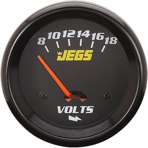 مقياس الفولتميتر JEGS | 2-5/8 بوصة القطر | كهربائية | 8-18 فولت | وجه اسود | تتضمن حواف من الكروم والفضي والأسود | صنع في الولايات المتحدة الأمريكية in Kuwait