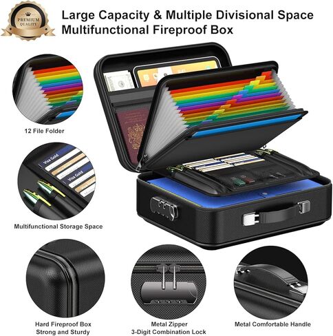 COLCASE Fireproof Document Box with Lock, Hard Fireproof Waterproof Box Creative Hard-Shell Design Fireproof Safe Box Document Organizer for Important Documents Certificates Laptop Passports Black in Kuwait
