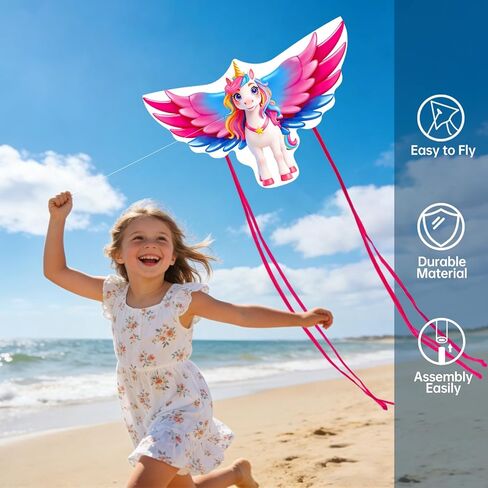 Unicorn Kites for Girls Easy to Fly, Single Line Beach Kite for Teens, 300 Ft String Handle Included in Kuwait