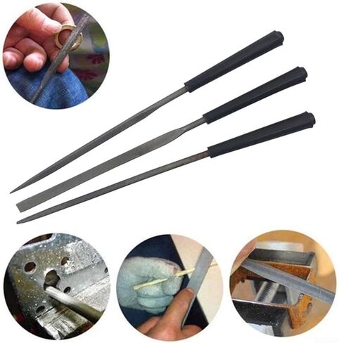 3-Piece Steel Needle File Set: Flat, Triangle & Round Files (140mm) for Precision Filing on Metal, Wood, Plastic, Glass, Tile and Stone in Kuwait