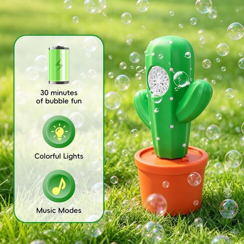 Cactus Bubble Machine for Kids, Handheld Rechargeable Bubble Maker with Lights and Music, Portable Bubble Toy for Birthday Party Favors, Outdoor Games and Easter Basket Stuffers in Saudi Arabia