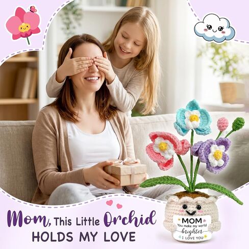 Tiny Detalles Birthday Gift for Mom from Daughter Son - Mini Orchid Crochet Pot Gift for Mom Grandma, Cute Crochet Flower for Desk Decor, Valentines Easter for Bonus Step Mama in Kuwait