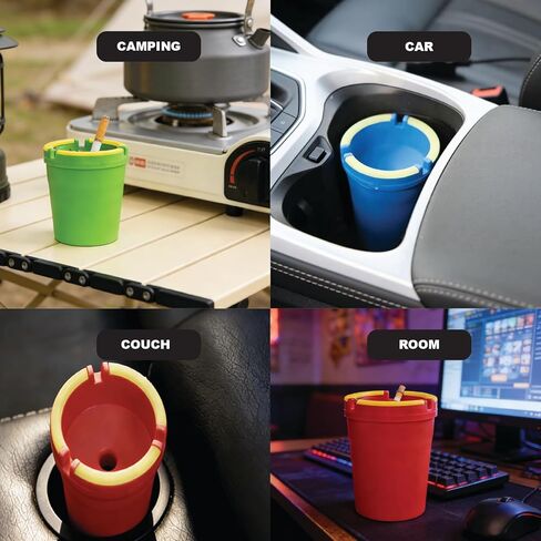 1 Glow in the Dark Butt Bucket Ashtray with Lid, 4.25 x 3.25 Inches, Self-Extinguishing & Smokeless Cup Holder Ashtray for Car, Camping, Room, Lounge (Various color: Black, Lime, Blue or Red) in Kuwait