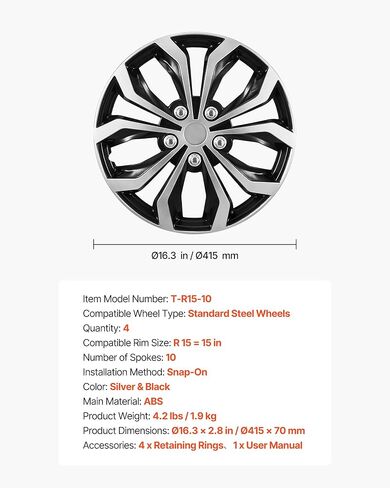 أغطية عجلات VEVOR Hubcaps، مجموعة 15 بوصة مكونة من 4 أغطية إطار عجلة استبدال OEM، أغطية محور السيارة مقاس R15، أغطية إطارات ABS عالمية ذات 10 أذرع لسيارة Hyundai شيفروليه فورد هوندا، فضي/أسود in Kuwait