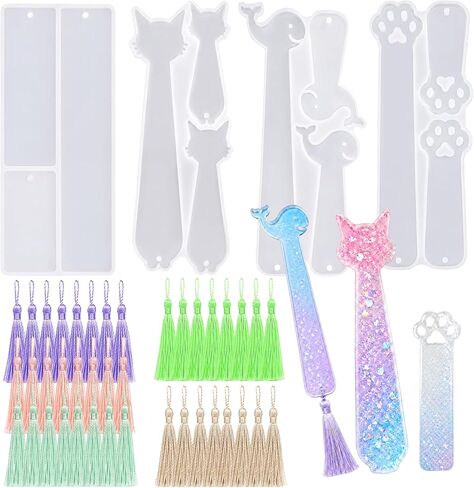 Resin Bookmark Molds Kit, Silicone Epoxy Casting Mold with 40 Tassels, 4 Shapes Cat Paw Kitty Dolphin Rectangle Craft Tool for DIY Jewelry Making in Kuwait