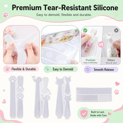 Resin Bookmark Molds Kit, Silicone Epoxy Casting Mold with 40 Tassels, 4 Shapes Cat Paw Kitty Dolphin Rectangle Craft Tool for DIY Jewelry Making in Kuwait