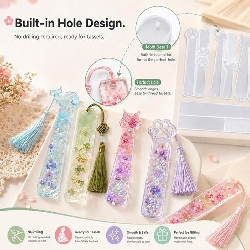 Resin Bookmark Molds Kit, Silicone Epoxy Casting Mold with 40 Tassels, 4 Shapes Cat Paw Kitty Dolphin Rectangle Craft Tool for DIY Jewelry Making in Kuwait