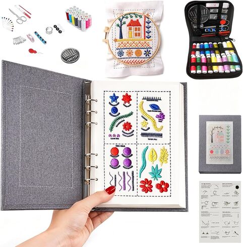 Vipxsa Embroidery Stitch Book Kit for Beginners, 138 Patterns with Embroidery Hoop & 87 PCS Tools, Portable Loose-Leaf Beginner Embroidery Kit Hand Embroidery Starter Kit for Adults DIY Craft Lovers in Kuwait