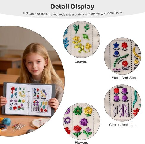 Vipxsa Embroidery Stitch Book Kit for Beginners, 138 Patterns with Embroidery Hoop & 87 PCS Tools, Portable Loose-Leaf Beginner Embroidery Kit Hand Embroidery Starter Kit for Adults DIY Craft Lovers in Kuwait
