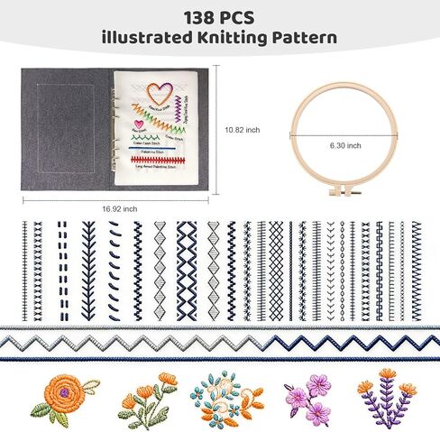 Vipxsa Embroidery Stitch Book Kit for Beginners, 138 Patterns with Embroidery Hoop & 87 PCS Tools, Portable Loose-Leaf Beginner Embroidery Kit Hand Embroidery Starter Kit for Adults DIY Craft Lovers in Kuwait
