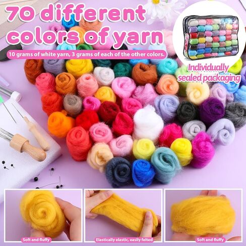 Lyksgir 70 Colors Needle Felting Kit, Wool Roving Set, Wool Felting Tool Starter Kit, for DIY Needle Feltings Beginners in Kuwait