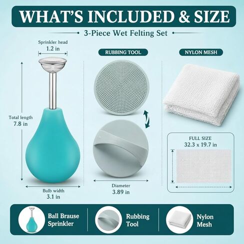 Leinuosen 3 Pcs Wet Felting Tool Set, Ball Brause Sprinkler, Rubbing Tool and Nylon Mesh for Wet Wool Felting, Flat Felts, Seams, Hat and Slipper Shaping in Kuwait