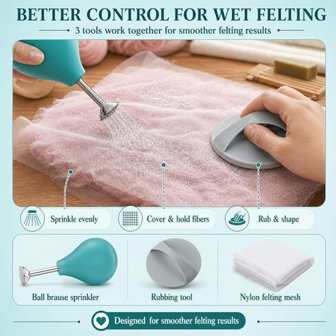 Leinuosen 3 Pcs Wet Felting Tool Set, Ball Brause Sprinkler, Rubbing Tool and Nylon Mesh for Wet Wool Felting, Flat Felts, Seams, Hat and Slipper Shaping in Kuwait