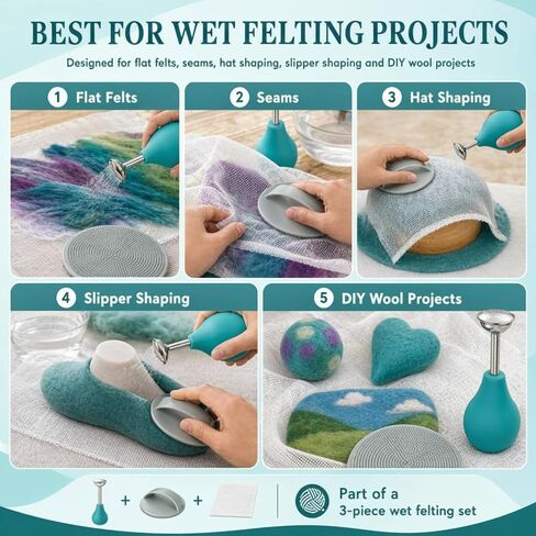 Leinuosen 3 Pcs Wet Felting Tool Set, Ball Brause Sprinkler, Rubbing Tool and Nylon Mesh for Wet Wool Felting, Flat Felts, Seams, Hat and Slipper Shaping in Kuwait