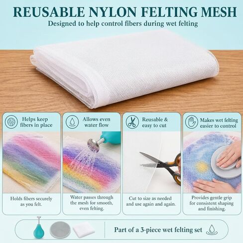 Leinuosen 3 Pcs Wet Felting Tool Set, Ball Brause Sprinkler, Rubbing Tool and Nylon Mesh for Wet Wool Felting, Flat Felts, Seams, Hat and Slipper Shaping in Kuwait