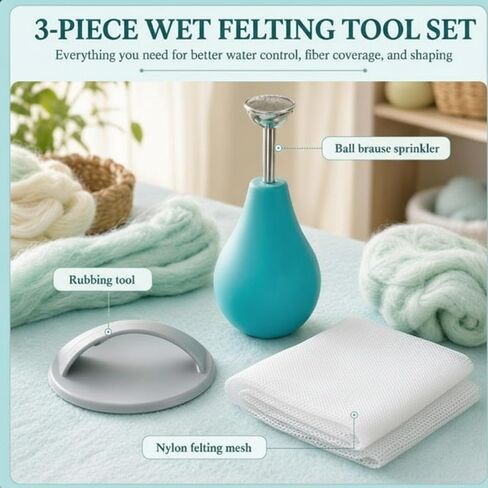 Leinuosen 3 Pcs Wet Felting Tool Set, Ball Brause Sprinkler, Rubbing Tool and Nylon Mesh for Wet Wool Felting, Flat Felts, Seams, Hat and Slipper Shaping in Kuwait
