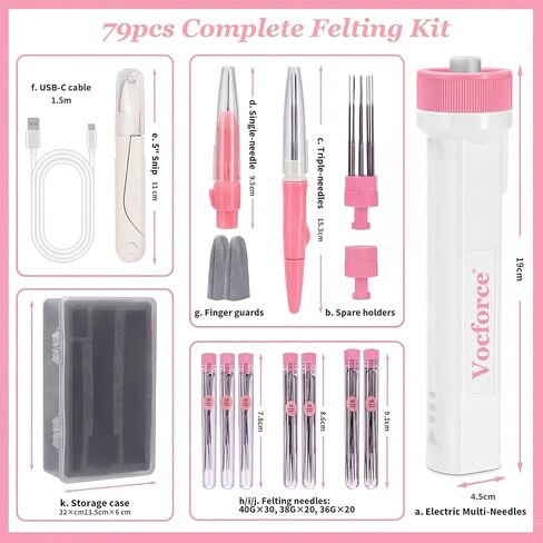 Vocforce Electric Needle Felting Tool for 4X Faster Felting, 3-Speed 1~9 Multi Needles Felting Machine with 79pcs Supplies for Felted Animals & Wool Crafting - Pink in Kuwait