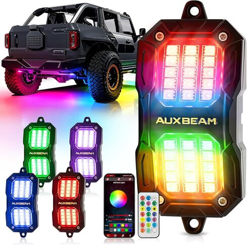 Auxbeam 8-Pod RGB LED Rock Lights مع وضع الفرامل 217 درجة مجموعة إضاءة مزدوجة الجانب مع تطبيق بلوتوث ومزامنة صوت الموسيقى عن بعد وأضواء جيدة للعجلات المقاومة للماء للشاحنات على الطرق الوعرة RV ضمان لمدة سنة واحدة in Kuwait
