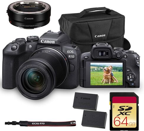 كاميرا Canon EOS R10 بدون مرآة - كاميرا APS-C صغيرة الحجم مثبتة بتردد الراديو مع مستشعر 24.2 ميجابكسل وفيديو 4K وDual Pixel CMOS AF II (5331C002) + محول Canon EF-EOS R + بطاقة ذاكرة سعة 64 جيجابايت + بطارية LP-E17 + المزيد in Saudi Arabia